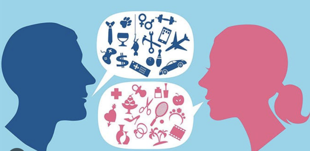 Male and female head silhouettes with thought bubbles containing forced gender role stereotypes